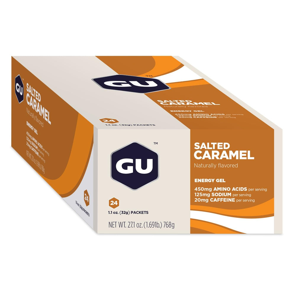 GU Energy Gel Salted Caramel open packet showing gel texture for quick energy.