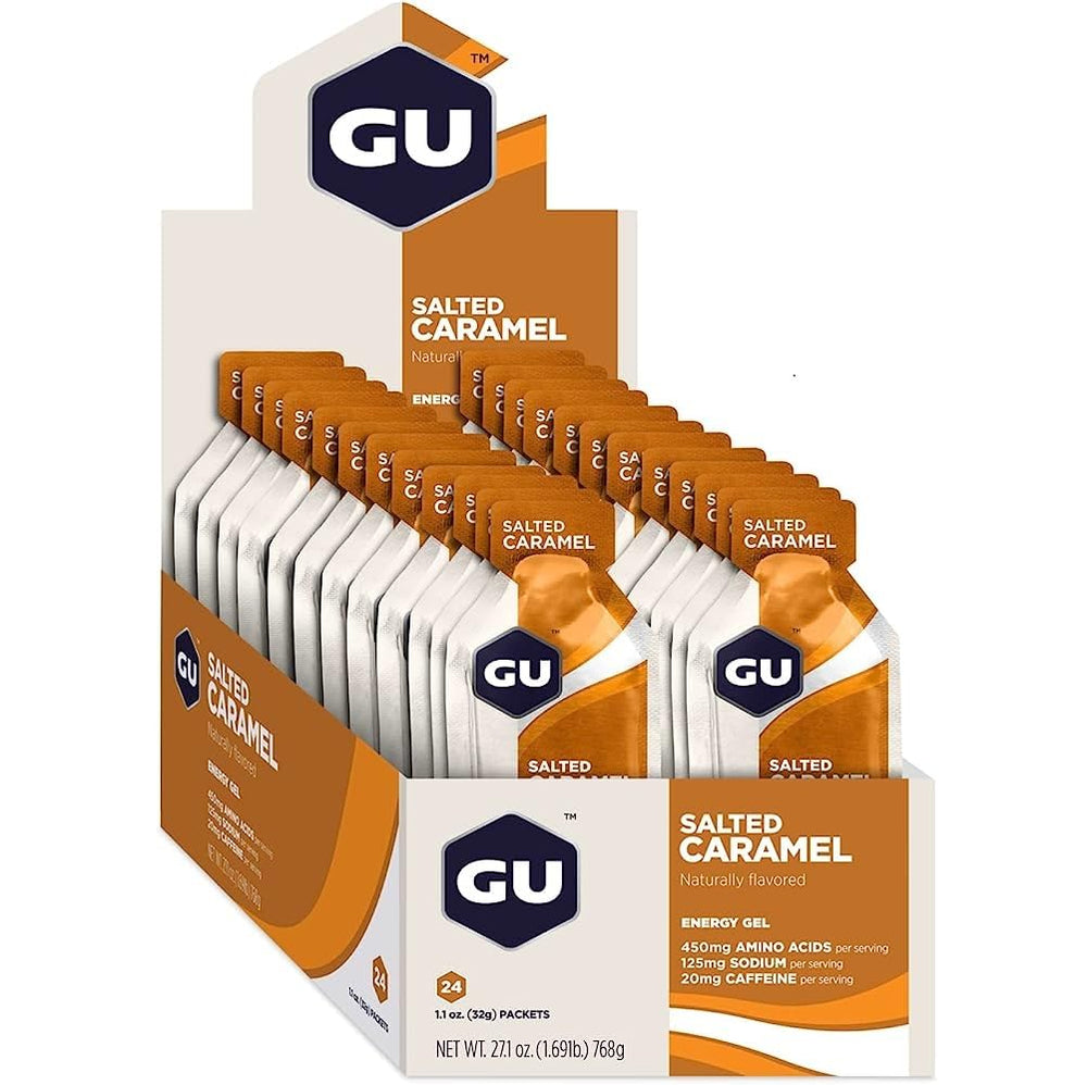 GU Energy Gel Salted Caramel pack for on-the-go fueling during long runs.
