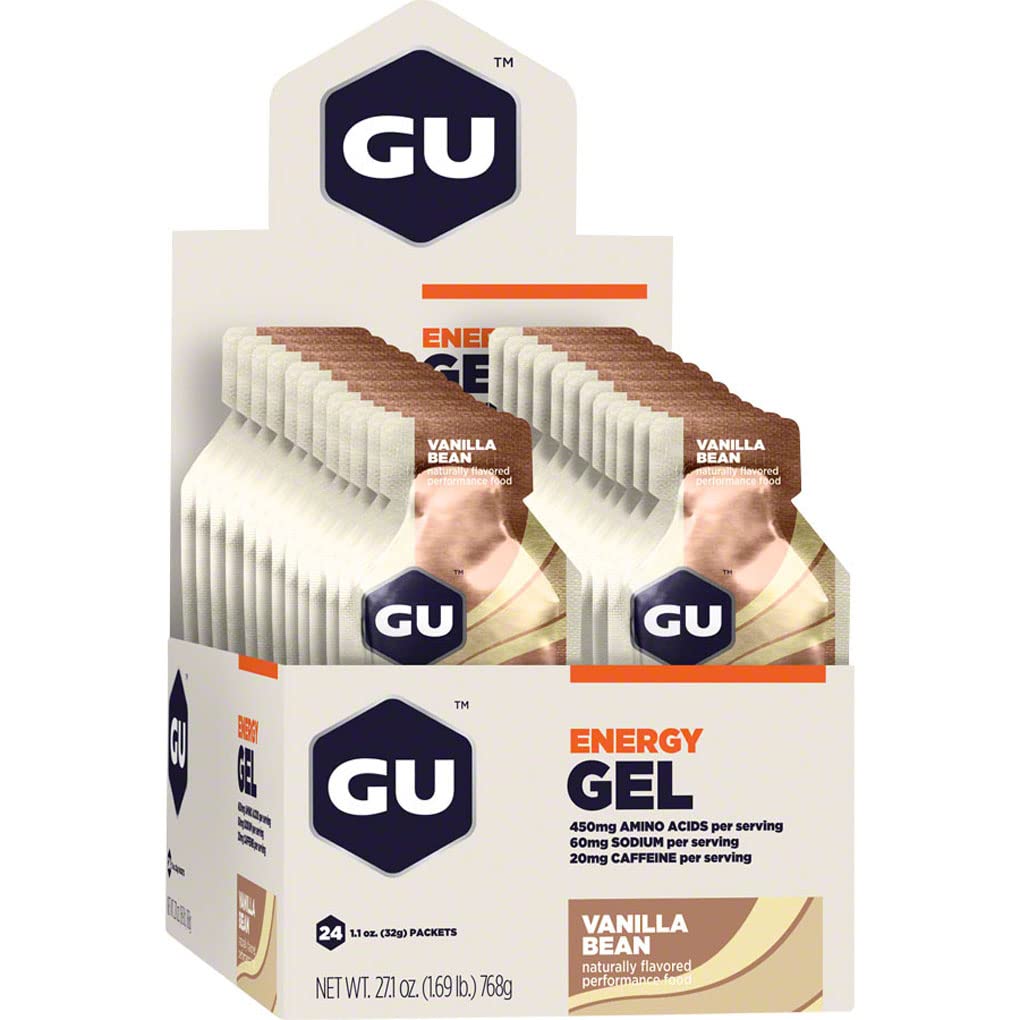 GU Energy Gel Vanilla Bean 24-pack on shelf, convenient fueling for runs