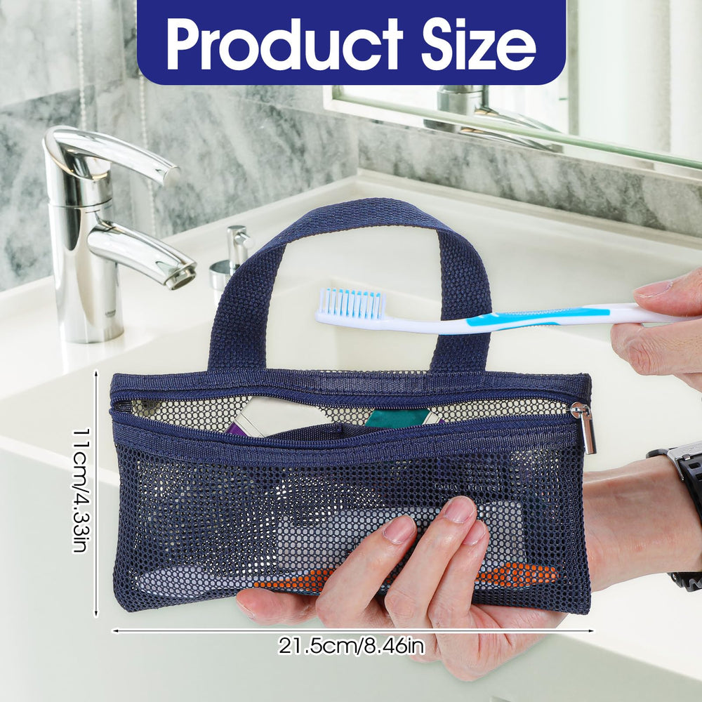 Exterior view of a white mesh toothbrush bag with zipper