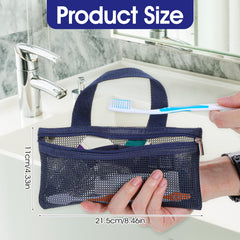 Exterior view of a white mesh toothbrush bag with zipper