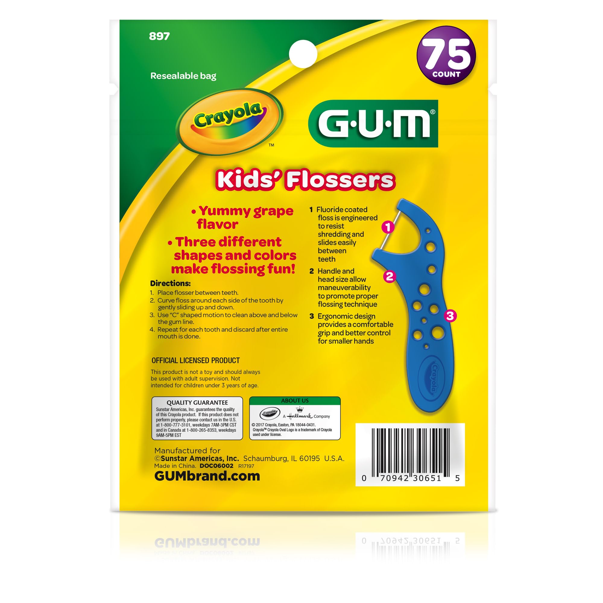 Child using GUM Crayola Kids Flossers showing easy-to-use design