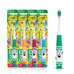 Front view of GUM Crayola Pip-Squeaks toothbrush set showing four faces in a 4-pack