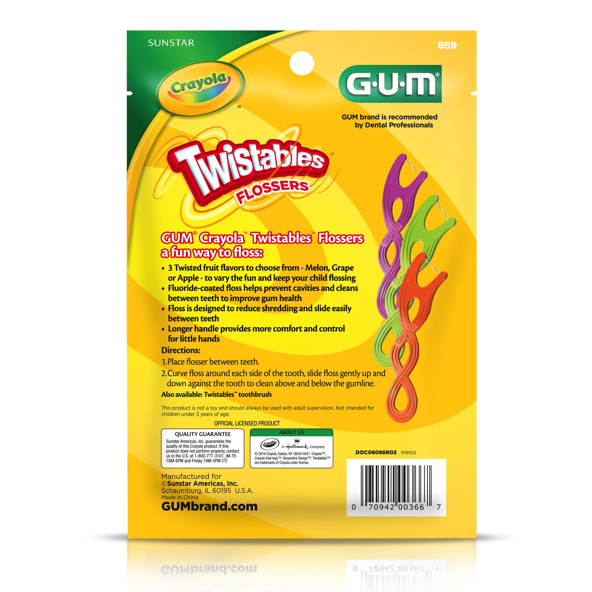 Illustration showing recommended age 3+ for GUM Crayola flossers