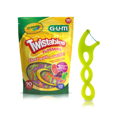 Front view of GUM Crayola Twistables Kids Flossers with fluoride and 90-count packaging