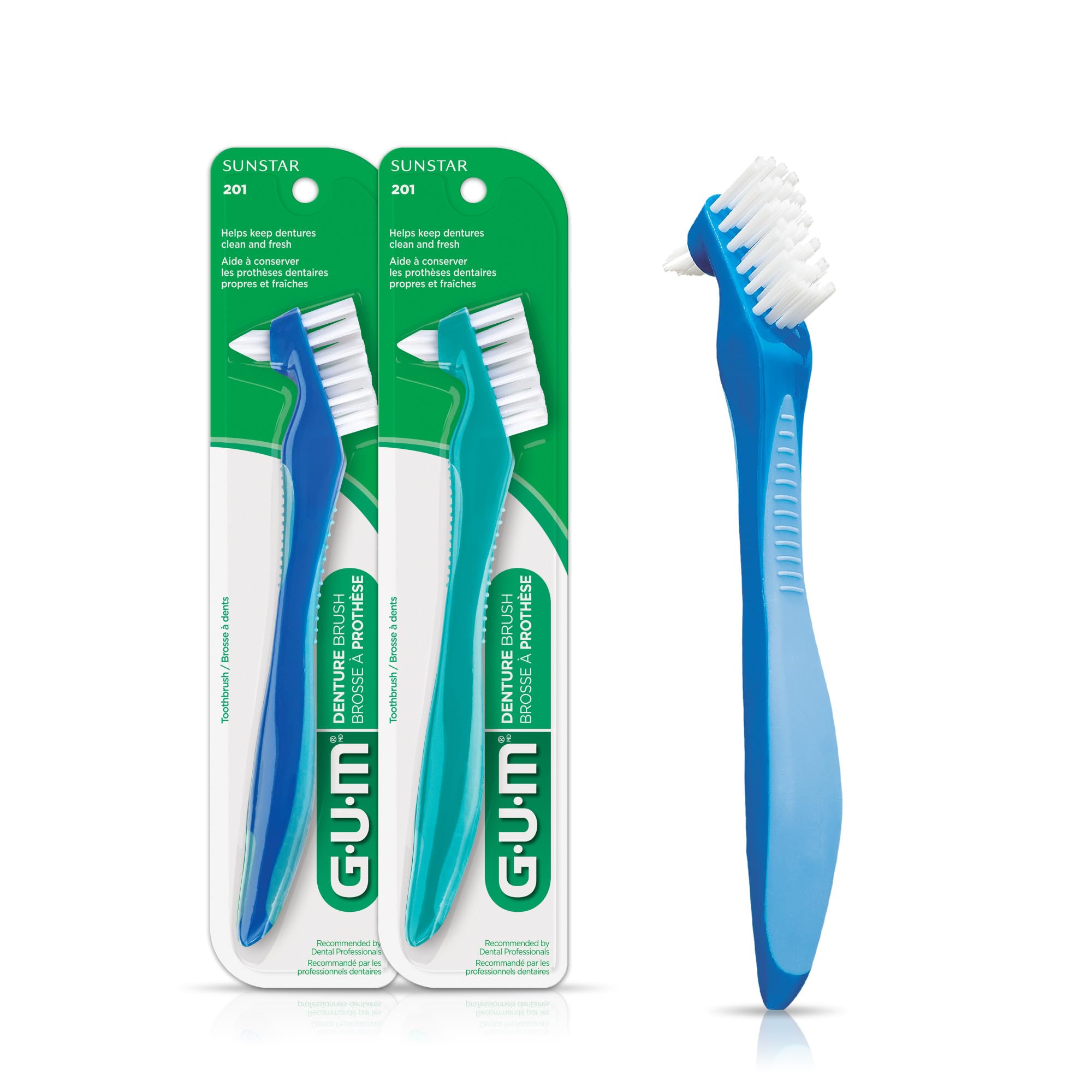 GUM Denture Brush dual-headed design featuring flat head and tufted head