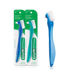 GUM Denture Brush dual-headed design featuring flat head and tufted head