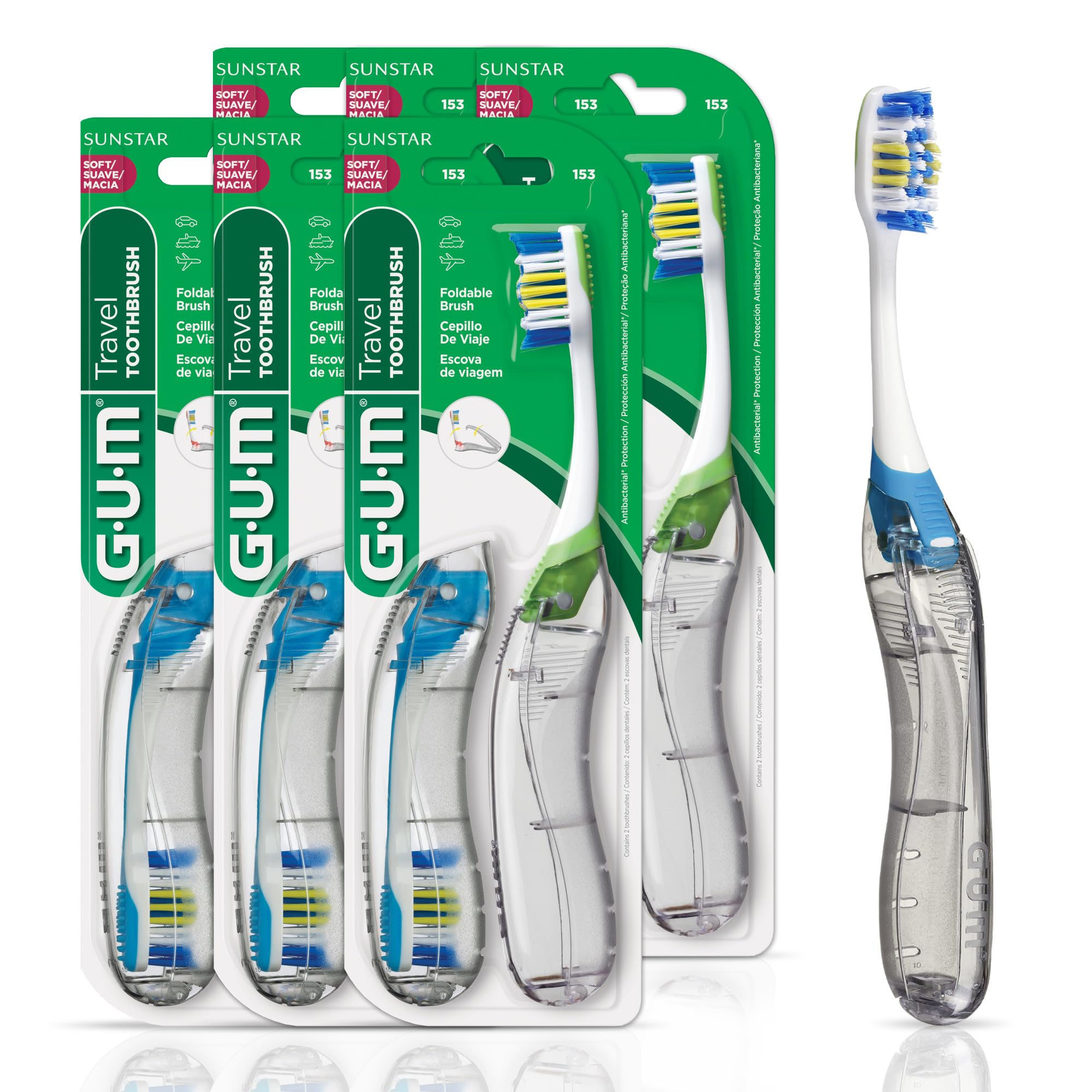 GUM Folding Travel Toothbrush with compact head and built-in tongue cleaner