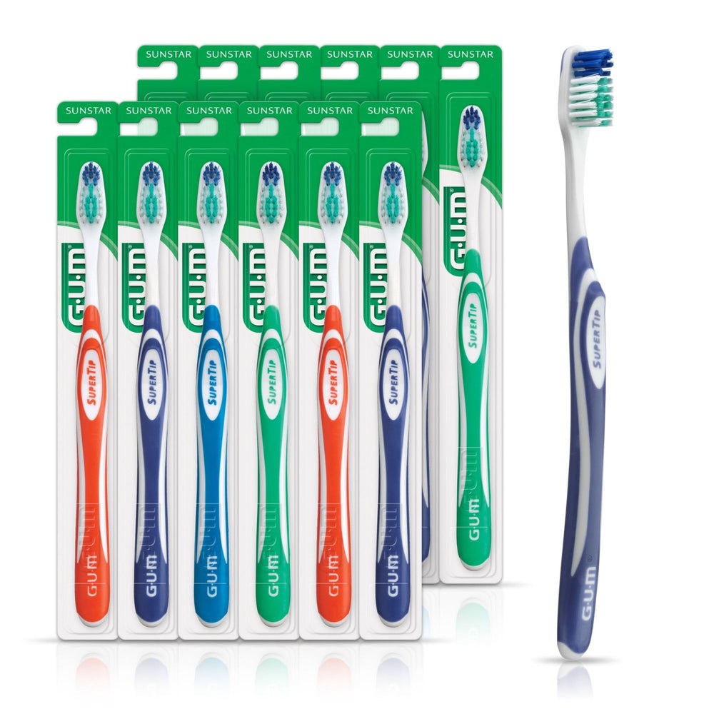 Front view of GUM Super Tip toothbrush with soft bristles