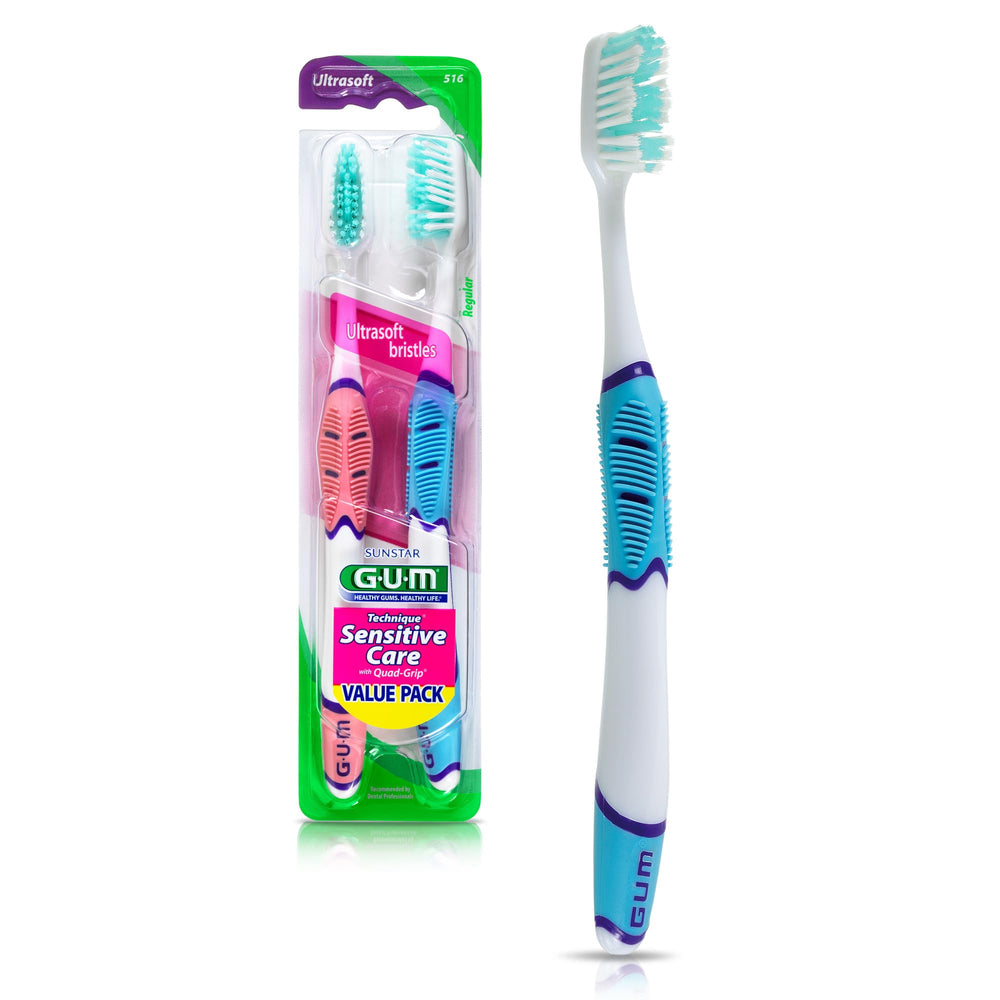Quad-grip ergonomic handle on GUM Technique Sensitive Care toothbrush