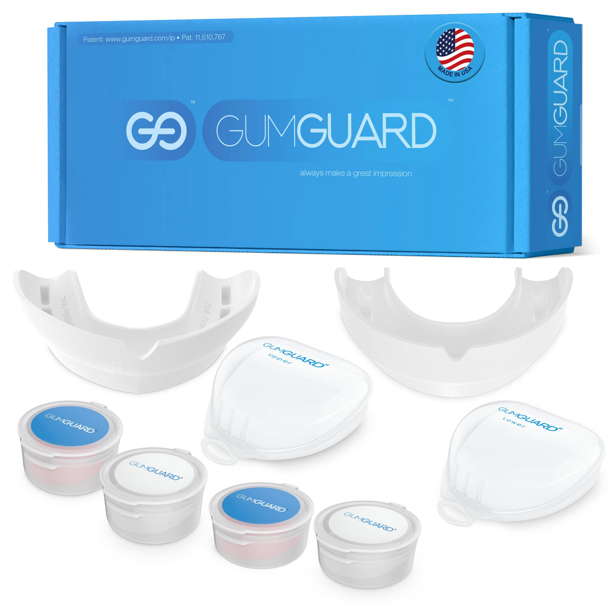 GumGuard denture mouthguard on display for upper and lower arches
