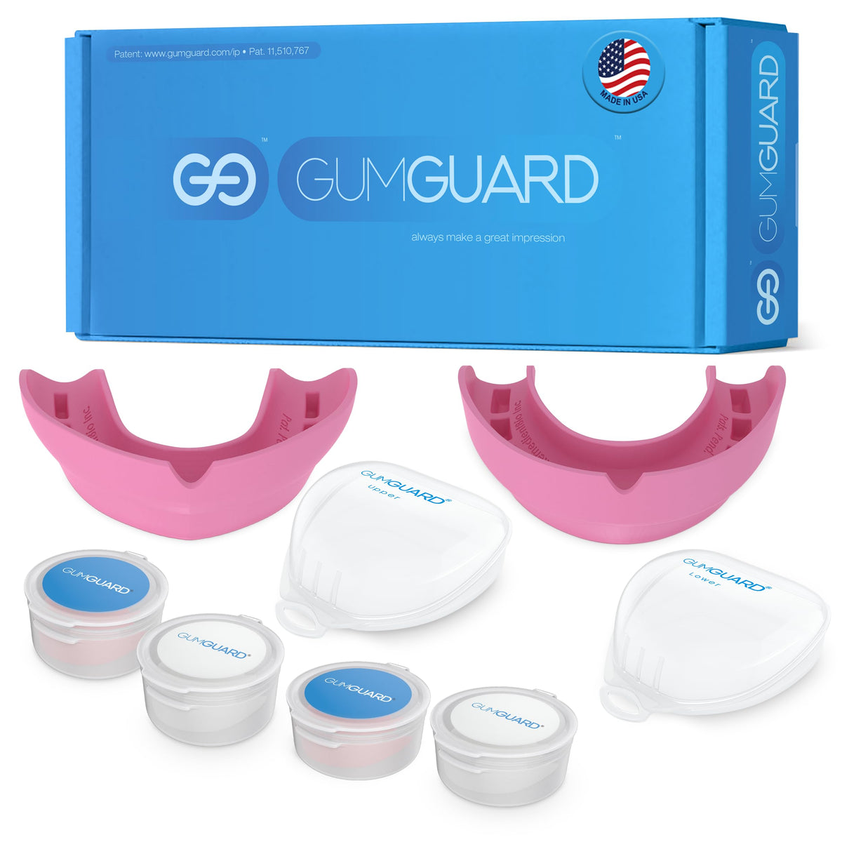 GumGuard denture mouthguard set for upper and lower arches in pink packaging.