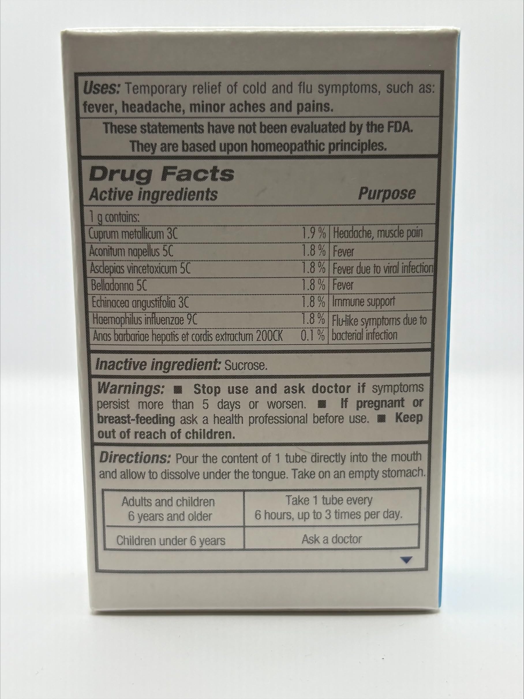 GUNA Flu natural ingredients label—clear indication of artificial-free formulation.