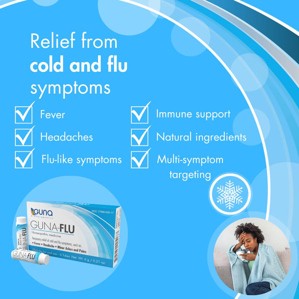 GUNA Flu pack of six tubes—compact, travel-ready flu relief option.