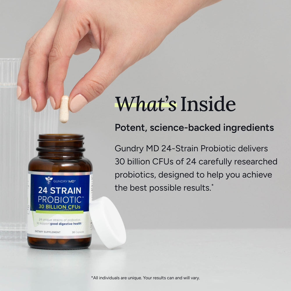 Gundry MD 24 Strain Probiotic bottle on a wooden surface