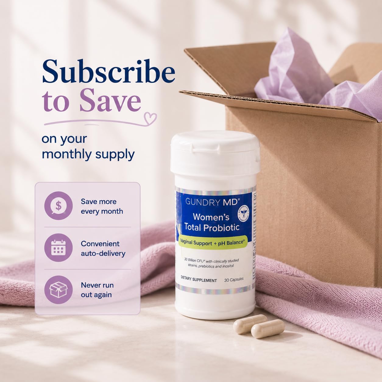 Gundry MD bottle on bathroom counter in a morning routine setting