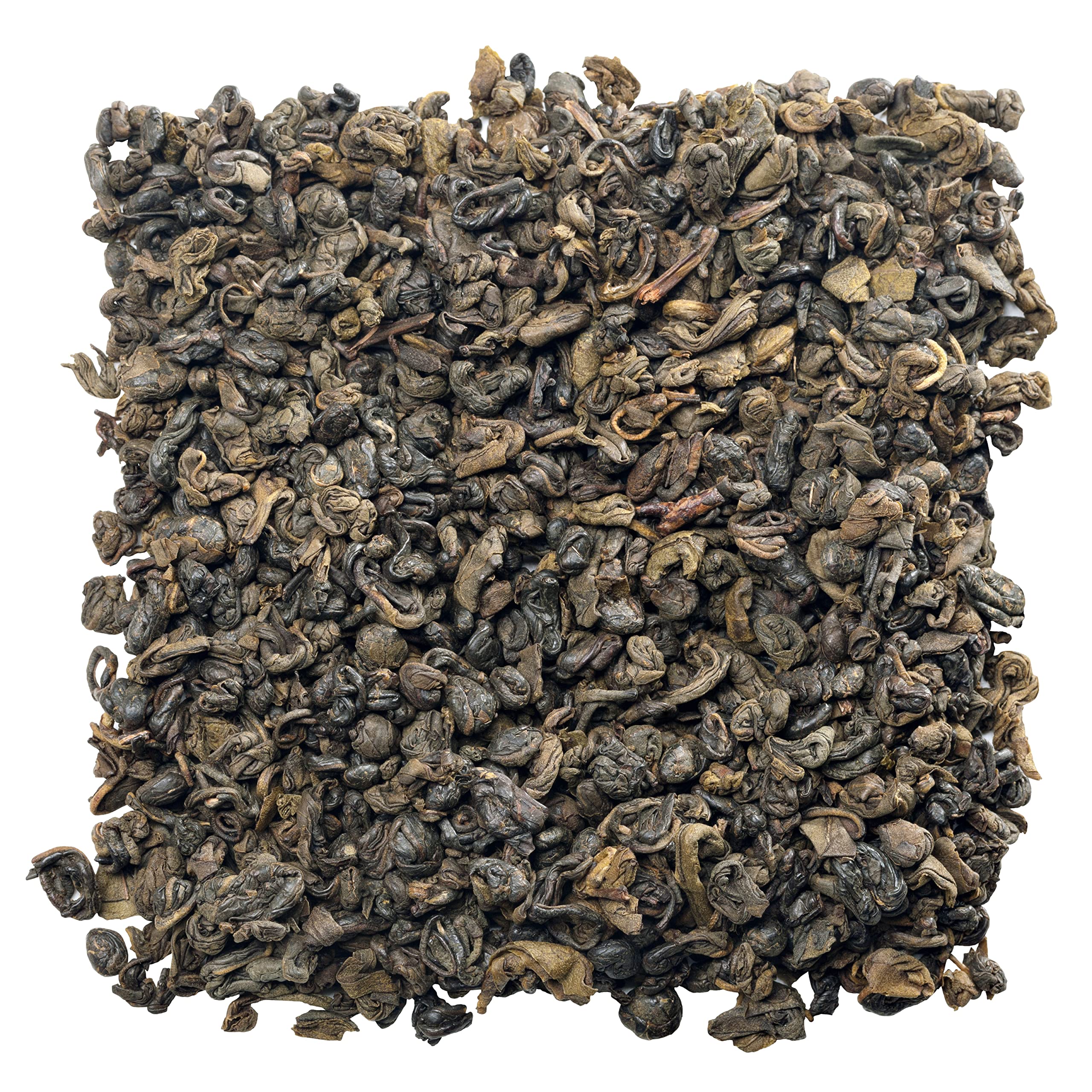 Close-up of rolled gunpowder green tea leaves