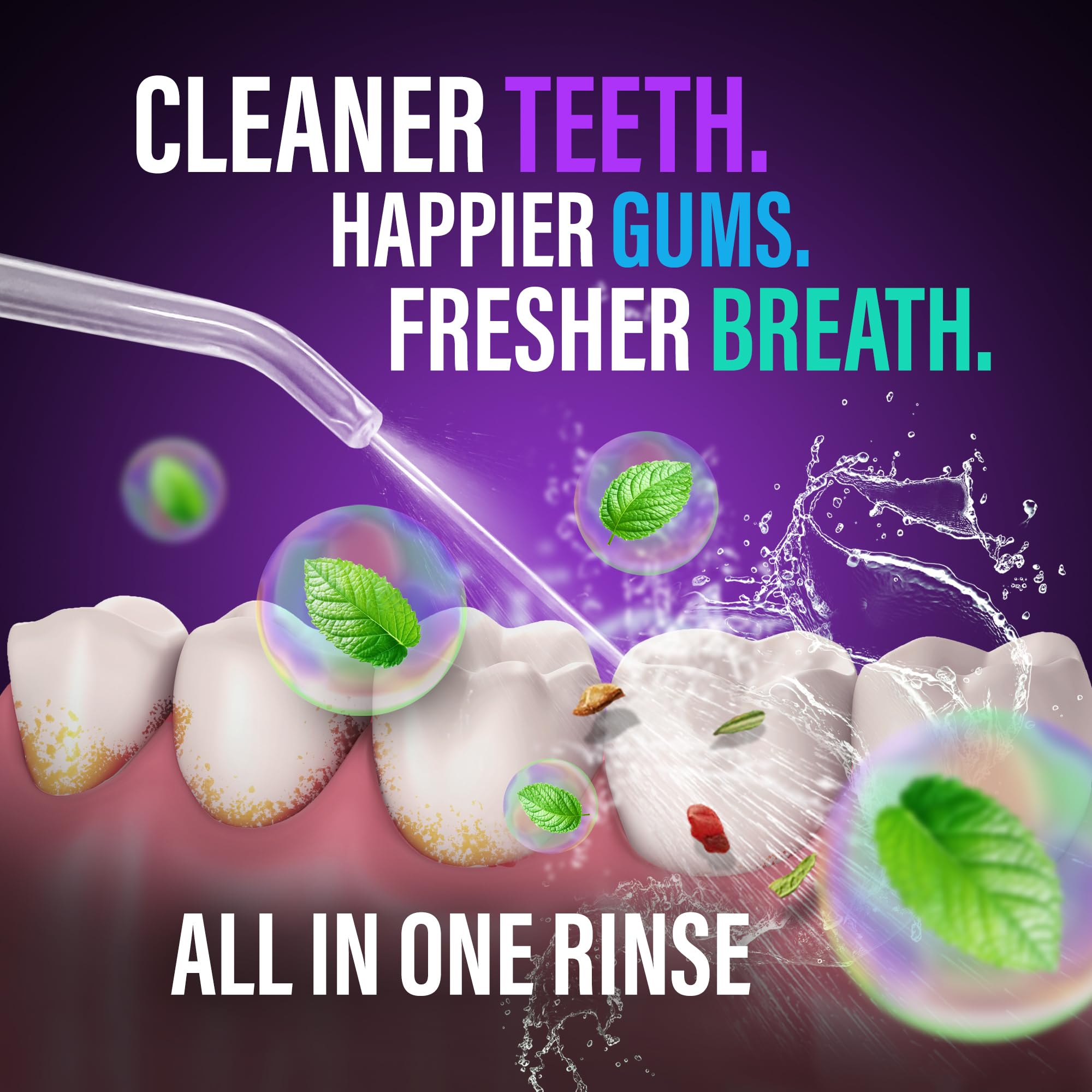 High-pressure water pulses removing plaque between teeth