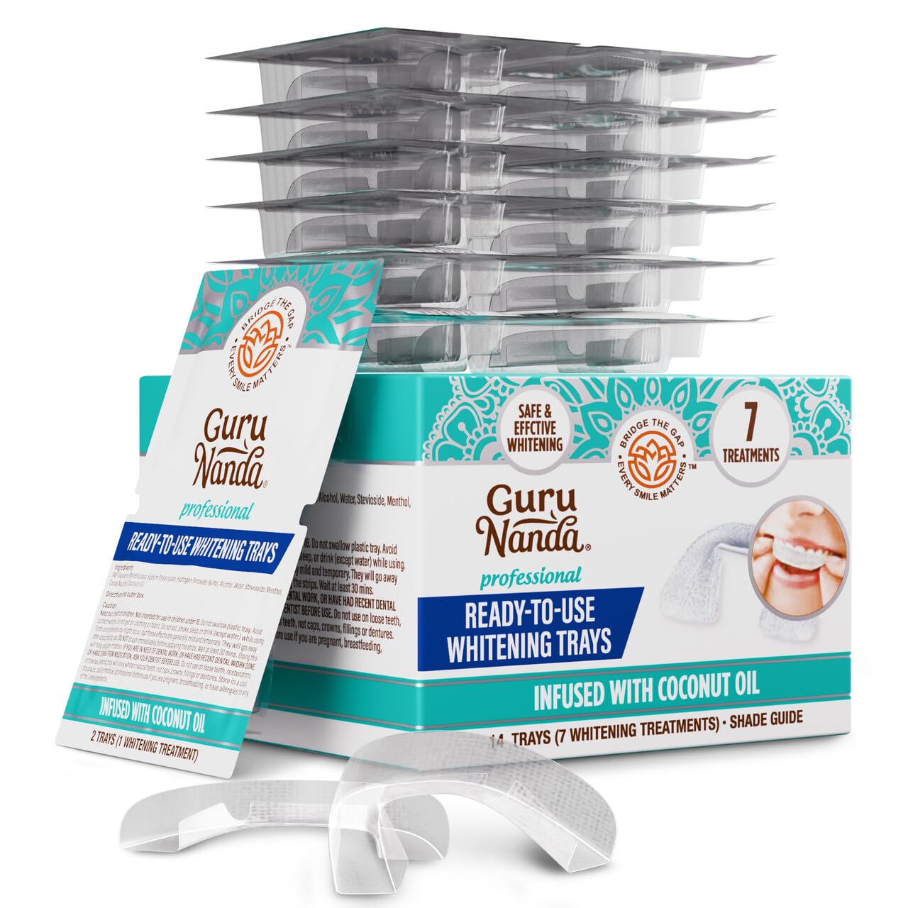 Close-up of 7-day whitening trays with ergonomic U-shaped design