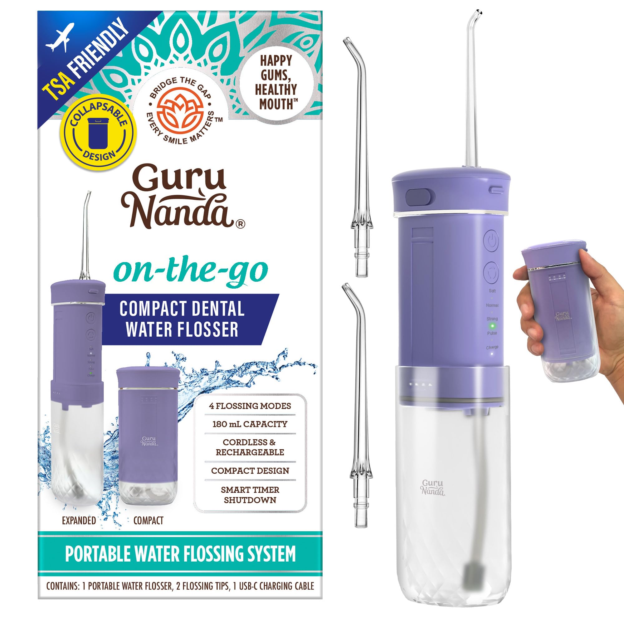Front view of GuruNanda Compact Water Flosser in lavender