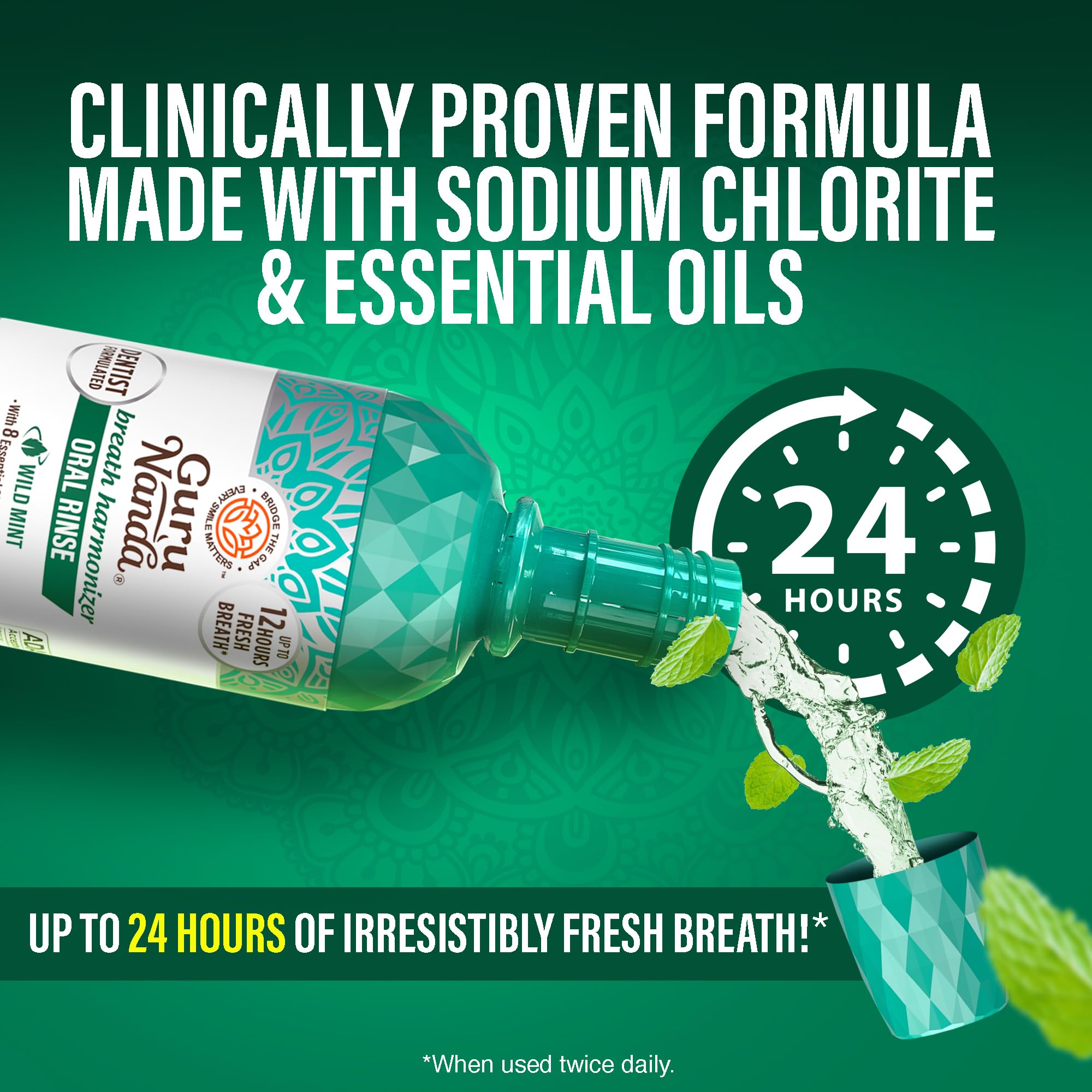 Ingredients: sodium chlorite and essential oils in GuruNanda mouthwash