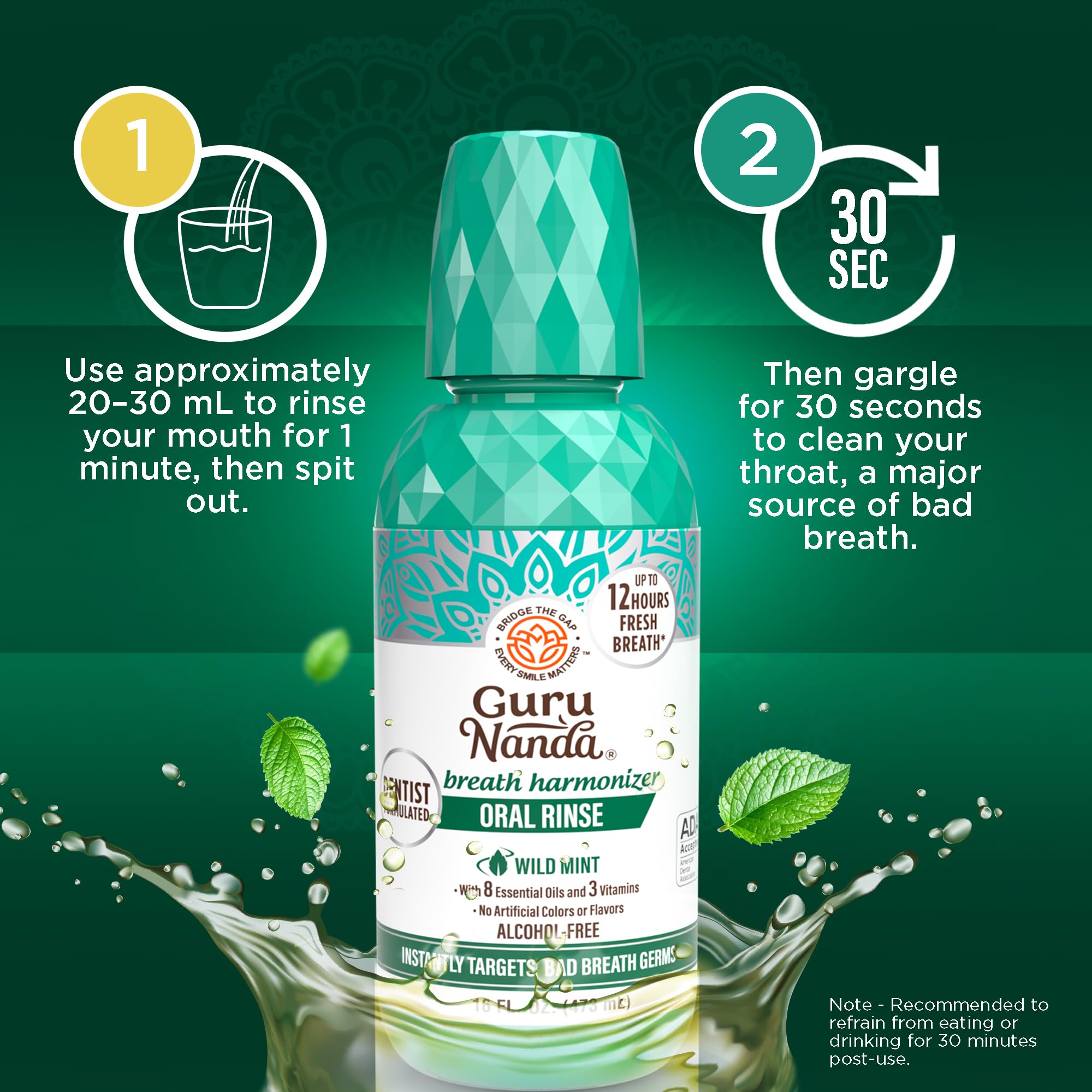 Outer packaging of GuruNanda Fresh Breath Mouthwash Wild Mint 16 oz 2-pack
