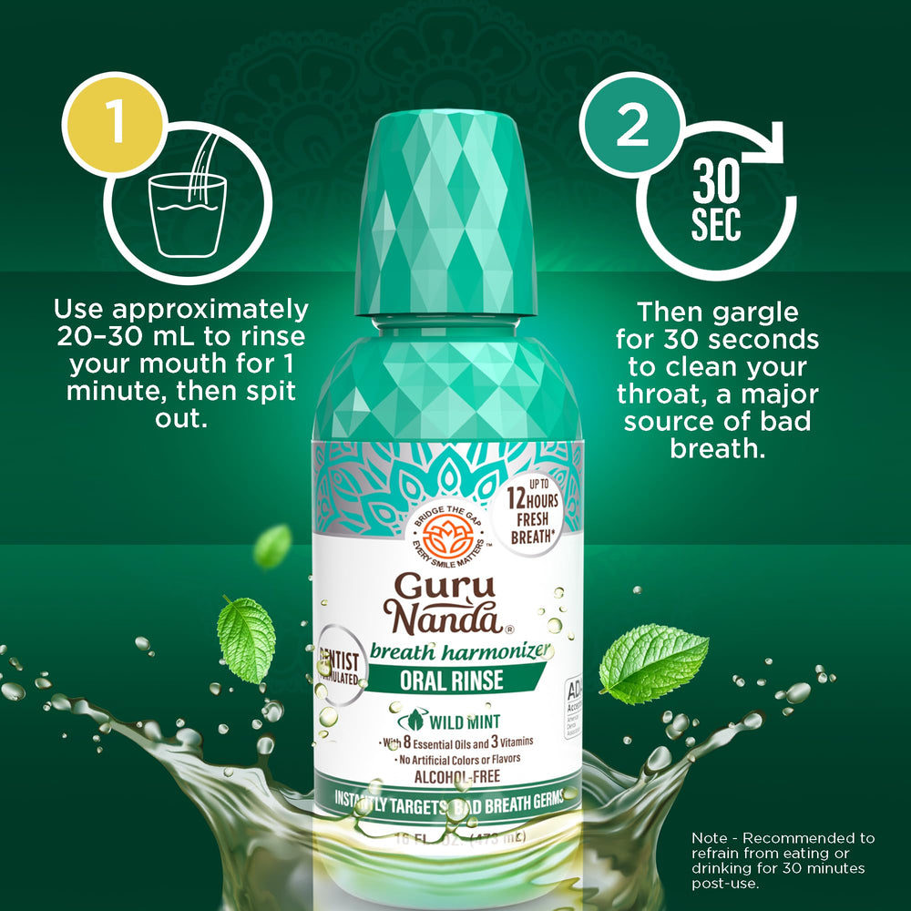 Outer packaging of GuruNanda Fresh Breath Mouthwash Wild Mint 16 oz 2-pack