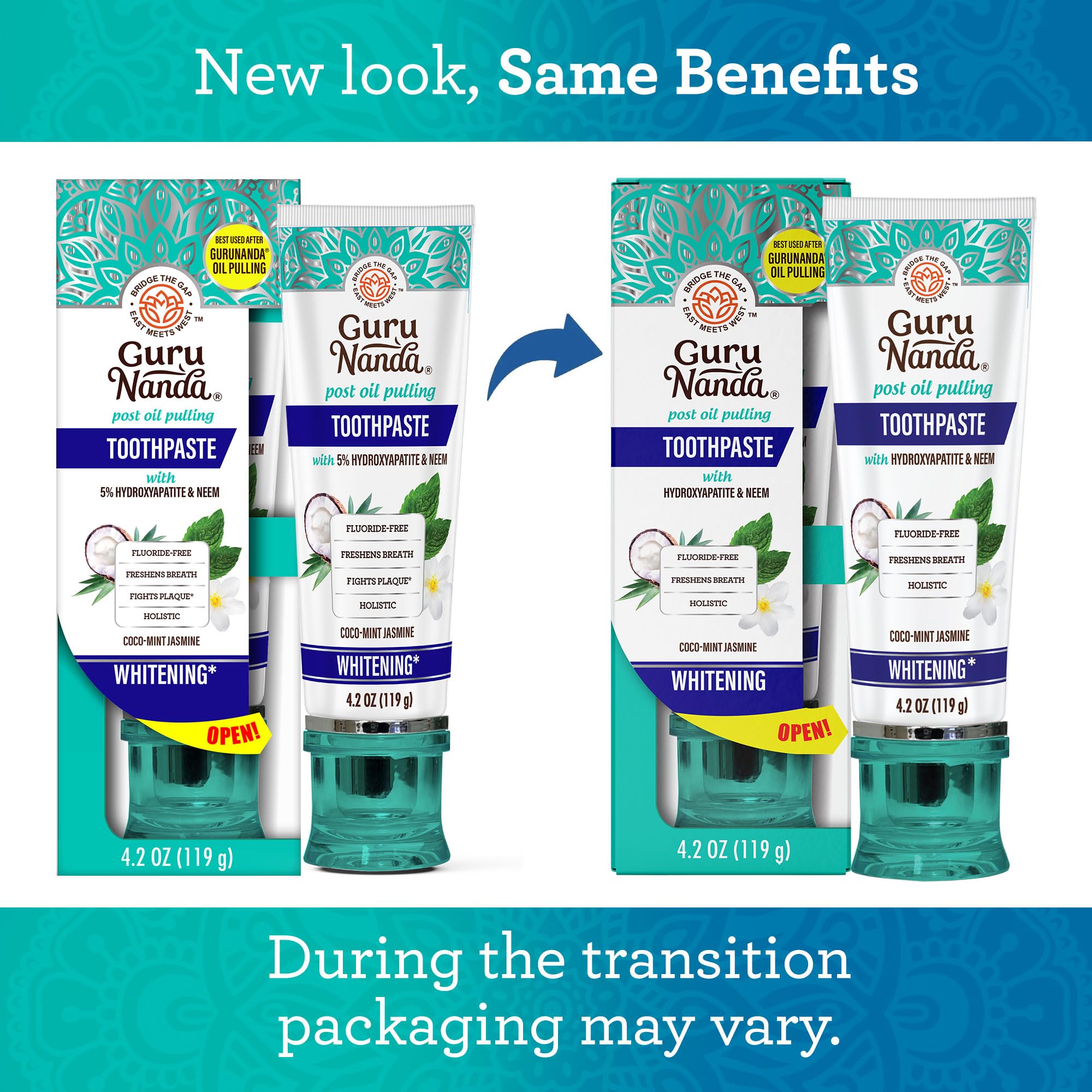 Two tubes of GuruNanda toothpaste on white background