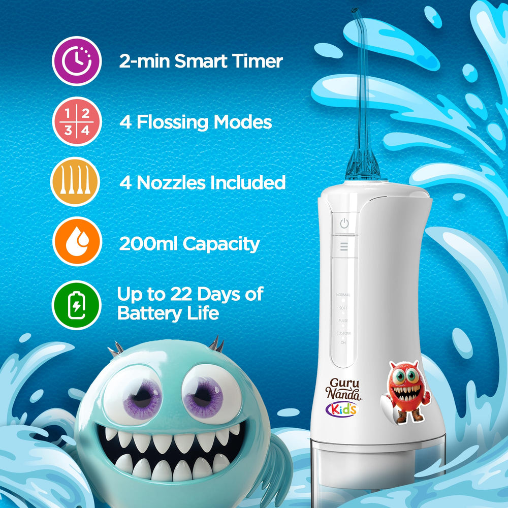 Flosser displaying four flossing modes for kids