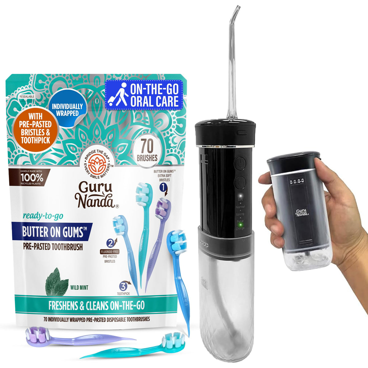 GuruNanda On-The-Go Bundle – 70-count disposable pre-pasted toothbrushes in travel packaging