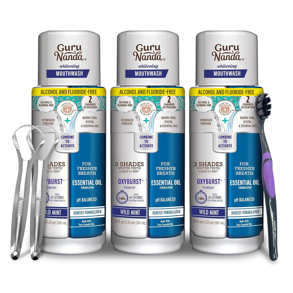 GuruNanda Oxyburst dual-chamber mouthwash bottle with Wild Mint flavor