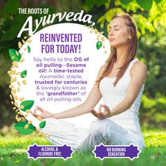 Sesame Mint Oil Pulling Mouthwash being swirled in the mouth