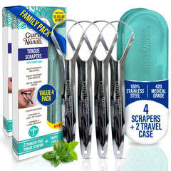 GuruNanda Tongue Scraper 4-pack with travel case - front view