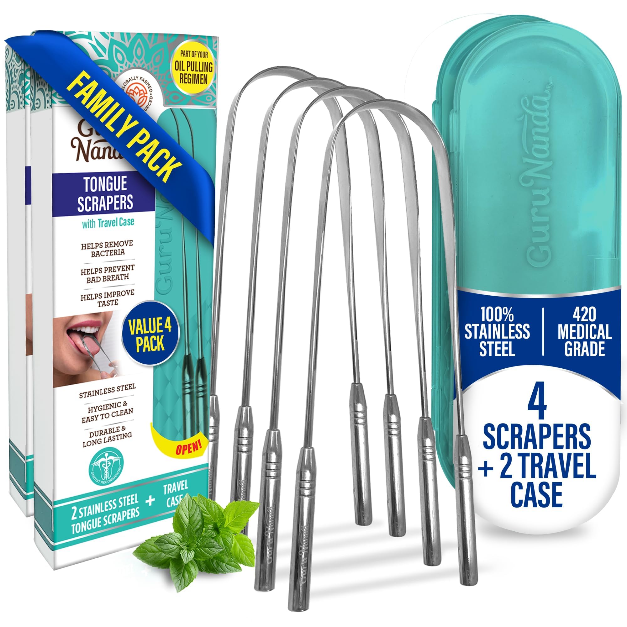 GuruNanda Tongue Scraper 4-pack with Travel Case - front view