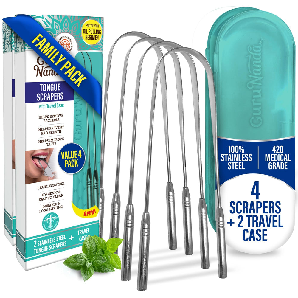 GuruNanda Tongue Scraper 4-pack with Travel Case - front view