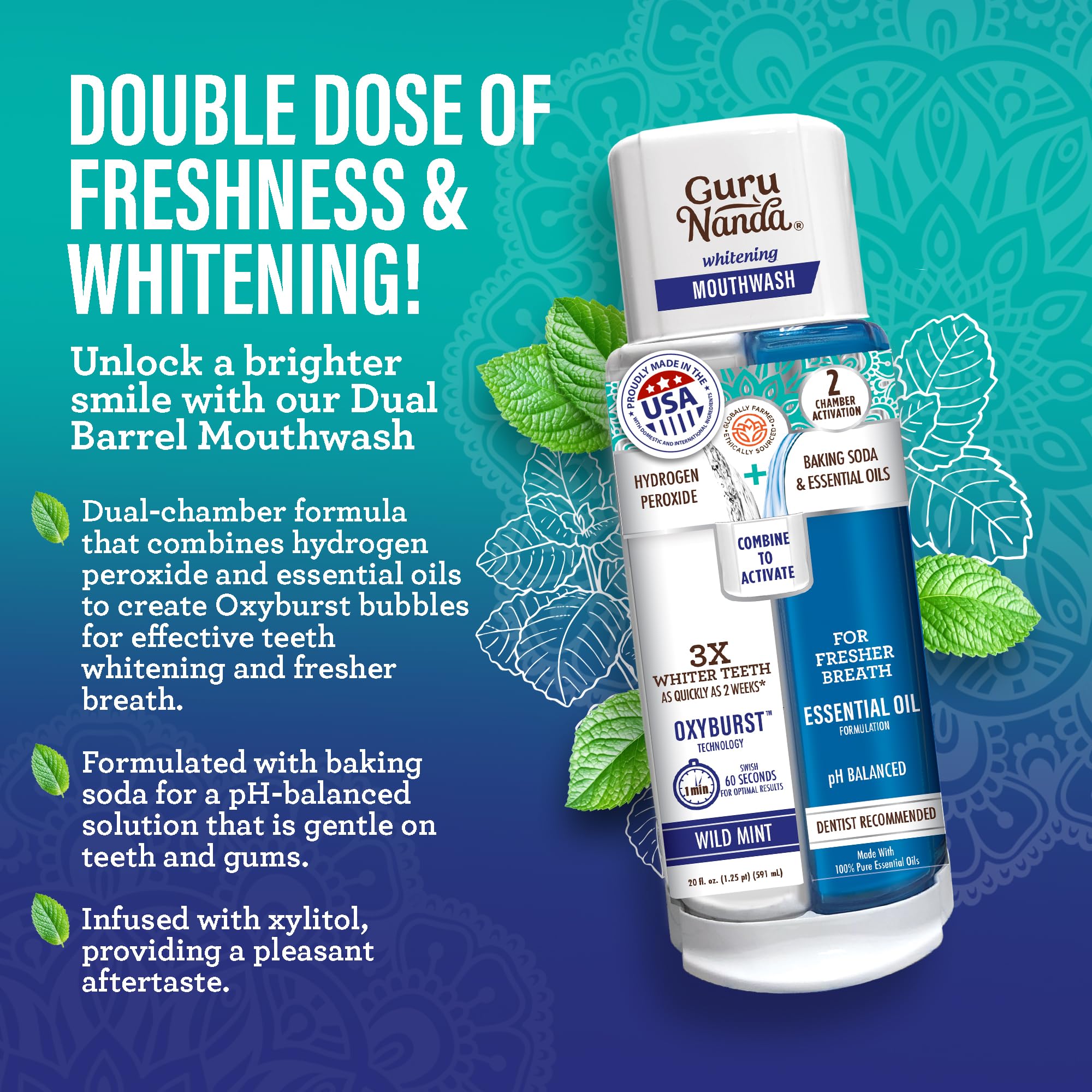 Dual-barrel Whitening Mouthwash bottle close-up