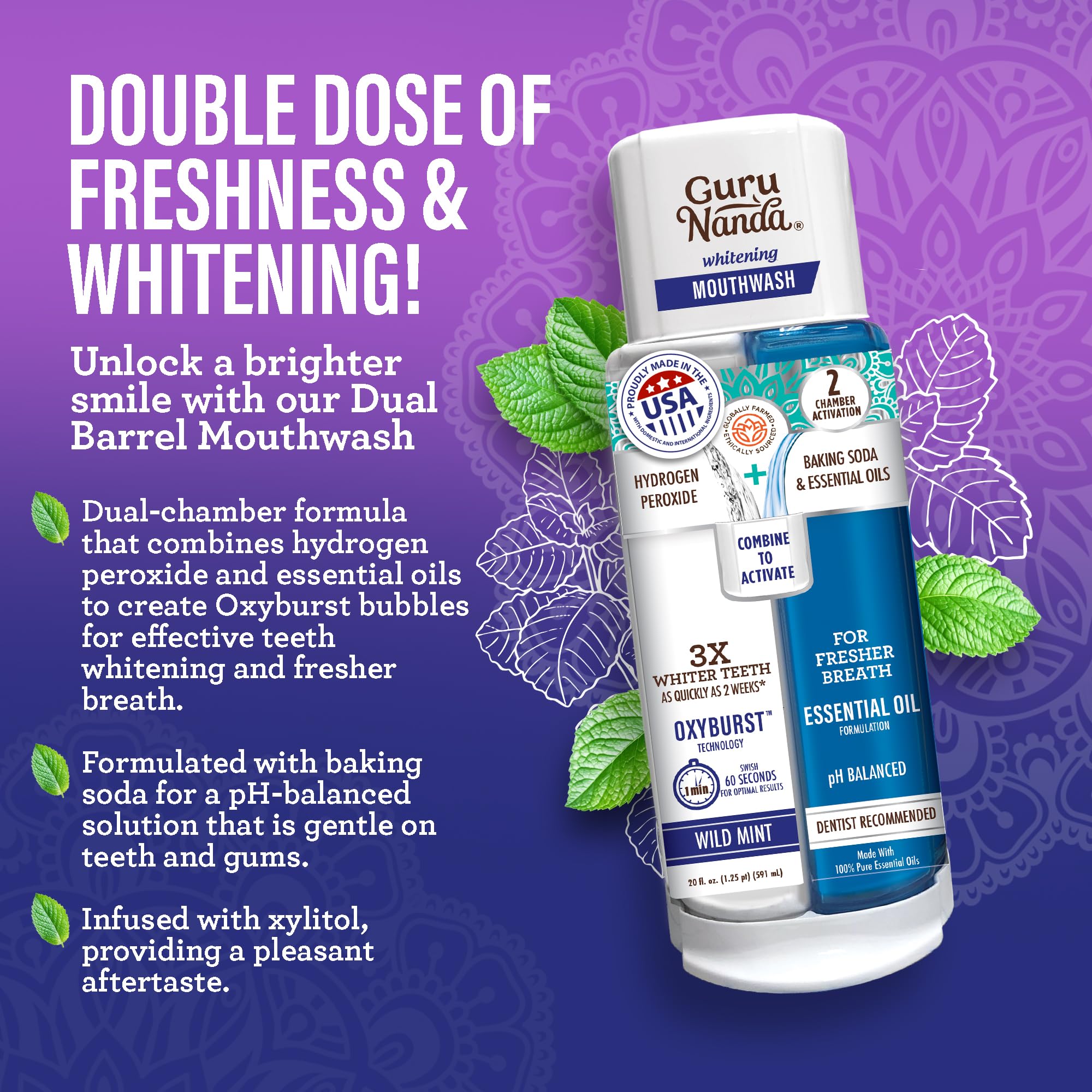 GuruNanda dual-barrel whitening mouthwash bottle