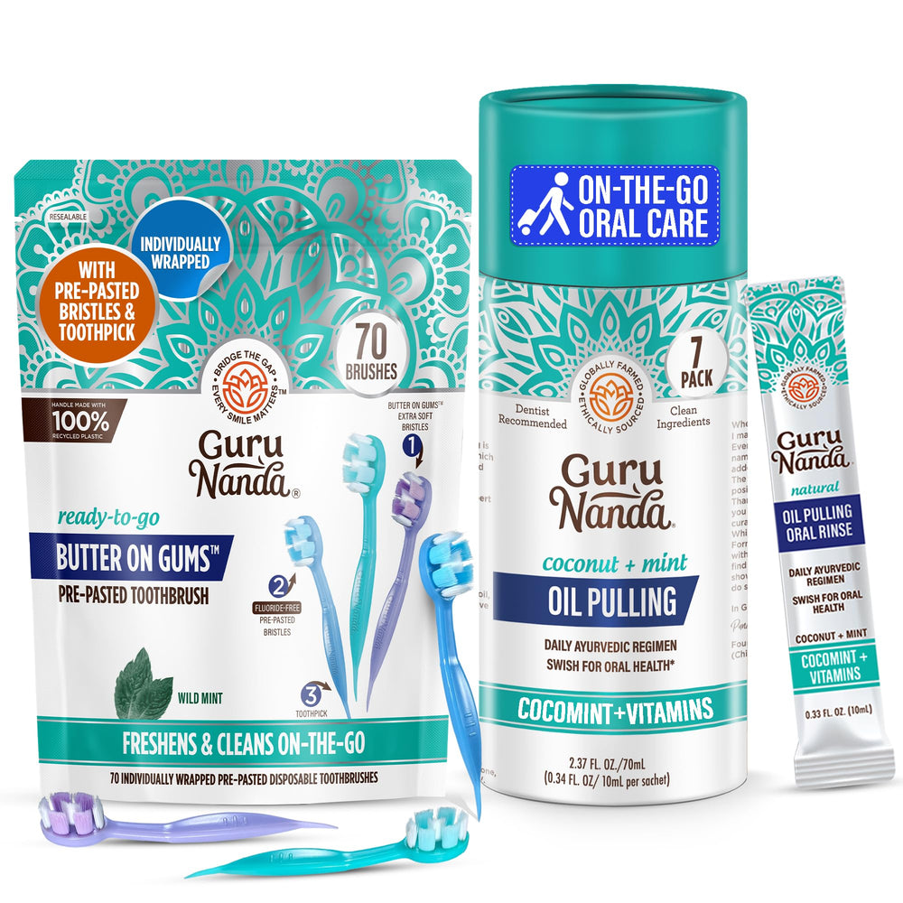 GuruNanda Travel-Ready Oral Care Bundle with 70-count toothbrushes and 7 coconut oil pulling sachets