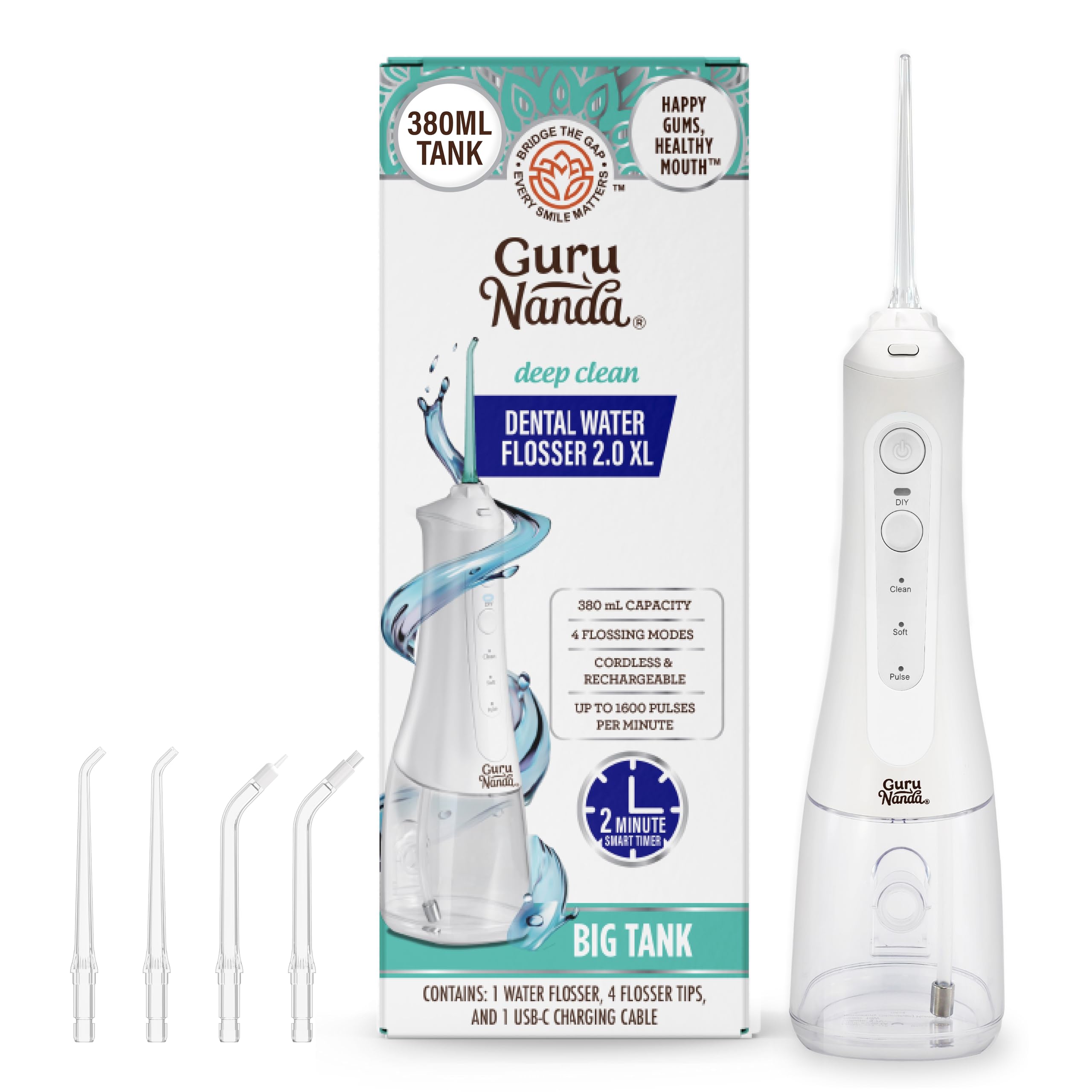 GuruNanda Water Flosser 2.0 XL with 380ml tank in white