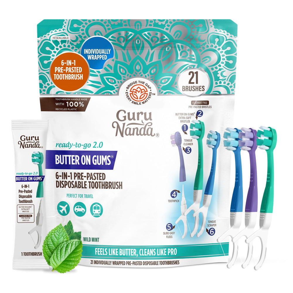 GuruNanda 6-in-1 disposable toothbrush with pre-pasted toothpaste and built-in floss