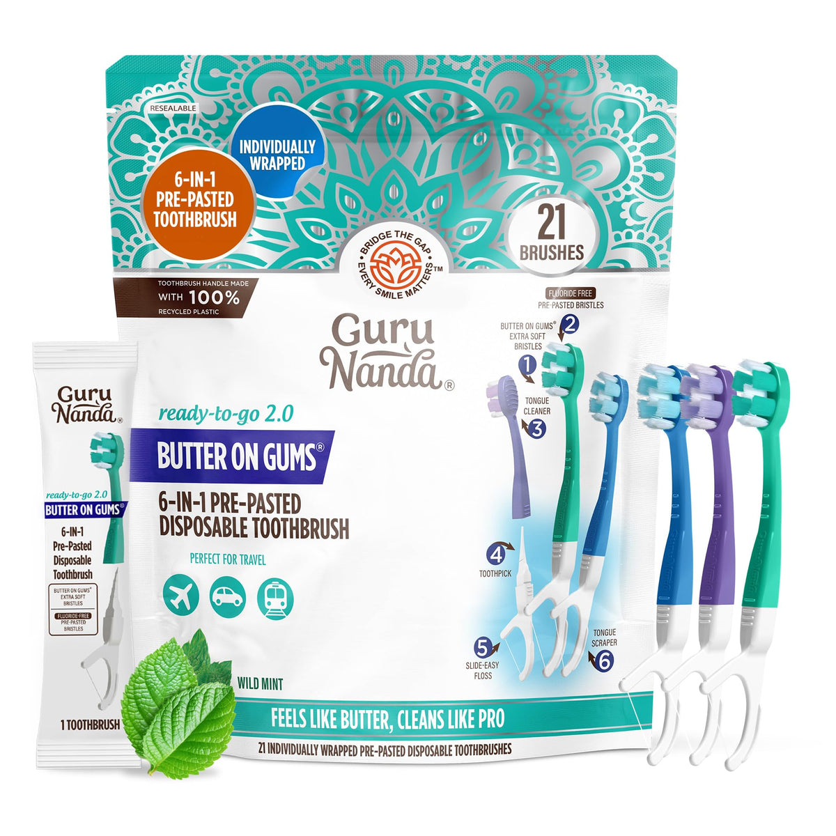 GuruNanda 6-in-1 disposable toothbrush with pre-pasted toothpaste and built-in floss