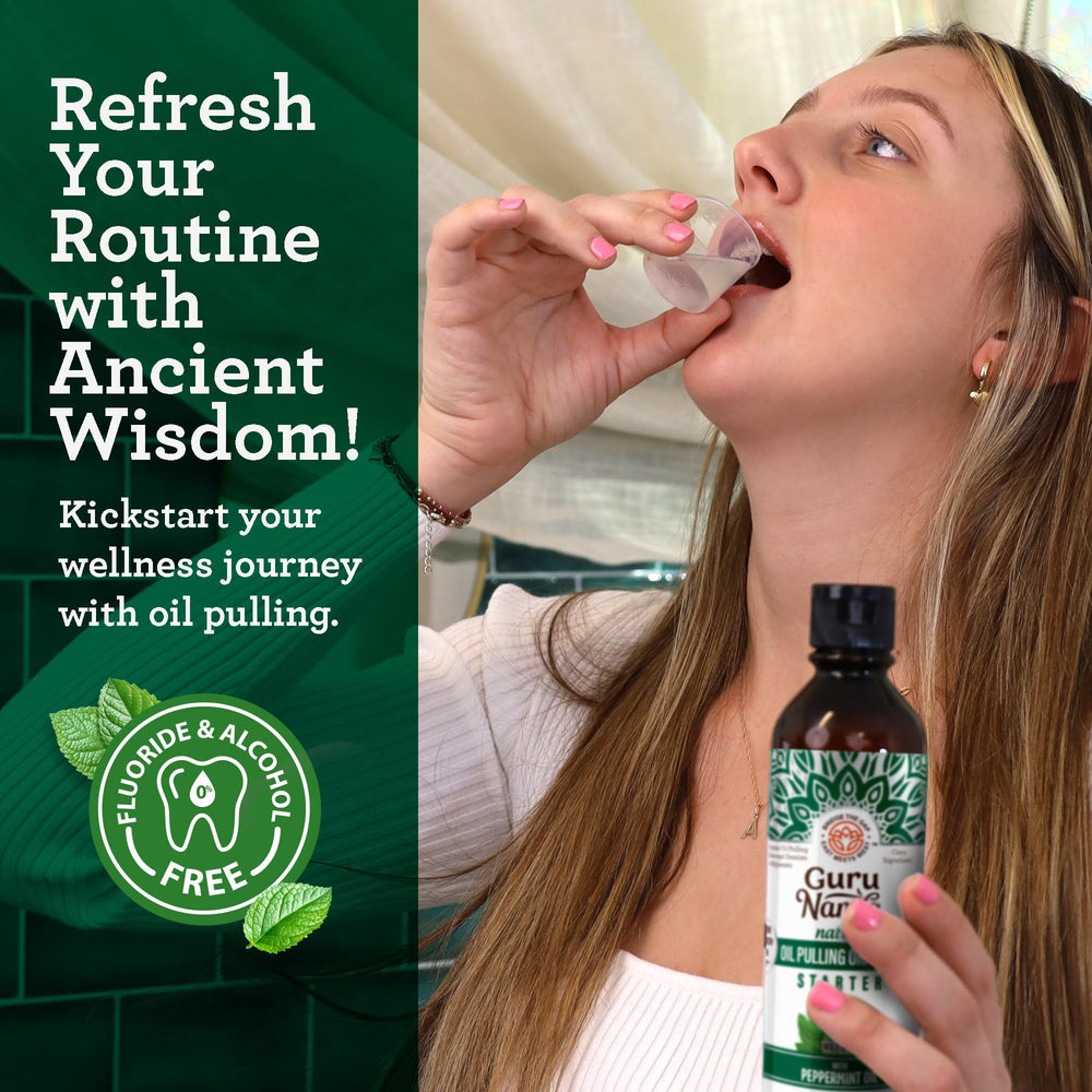 Oil pulling kit with coconut mint oil and stainless steel tongue scraper