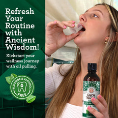 Oil pulling kit with coconut mint oil and stainless steel tongue scraper