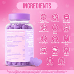 Digestive enzymes and probiotic blend visuals accompanying gummies