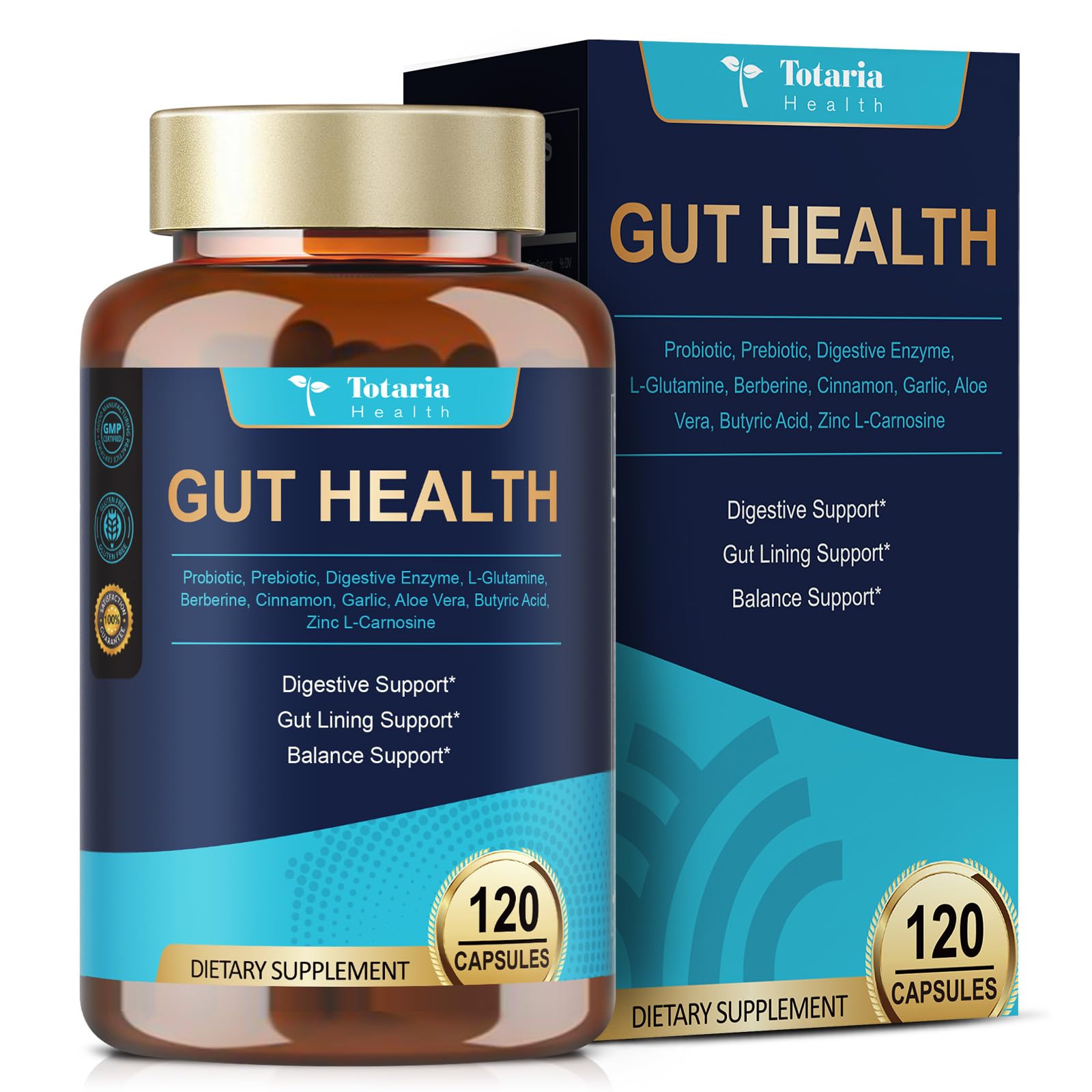 Bottle of 4-in-1 gut health supplement with 120 capsules