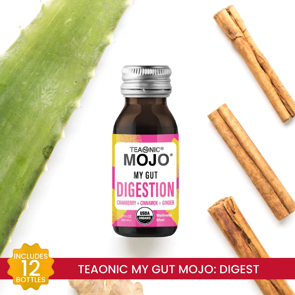 Close-up of a TEAONIC My Gut Mojo bottle