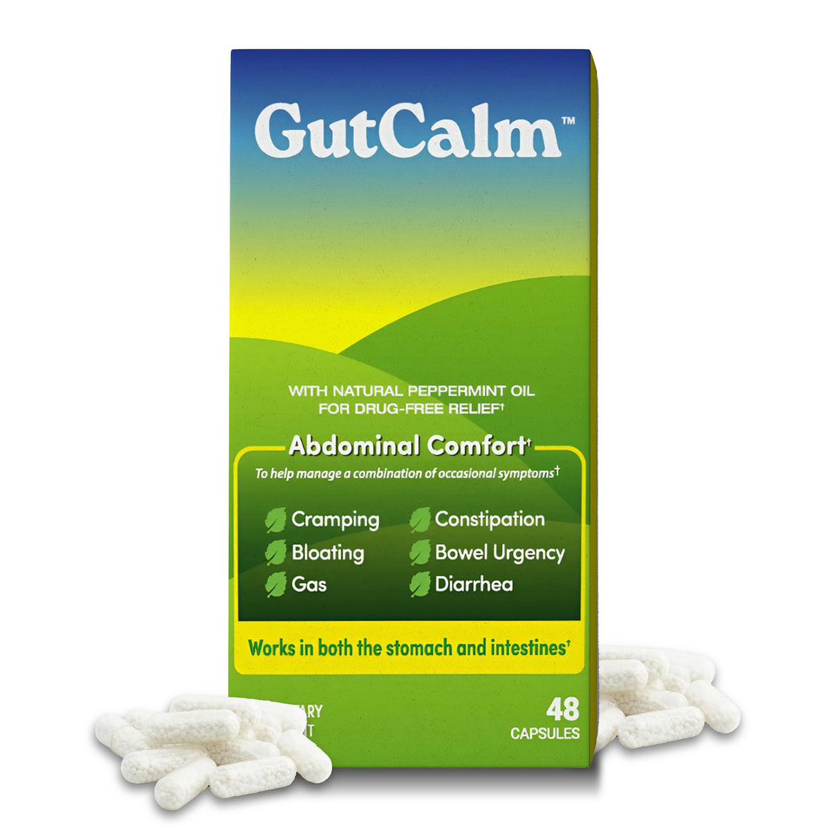 GutCalm bottle label showing 48 capsules