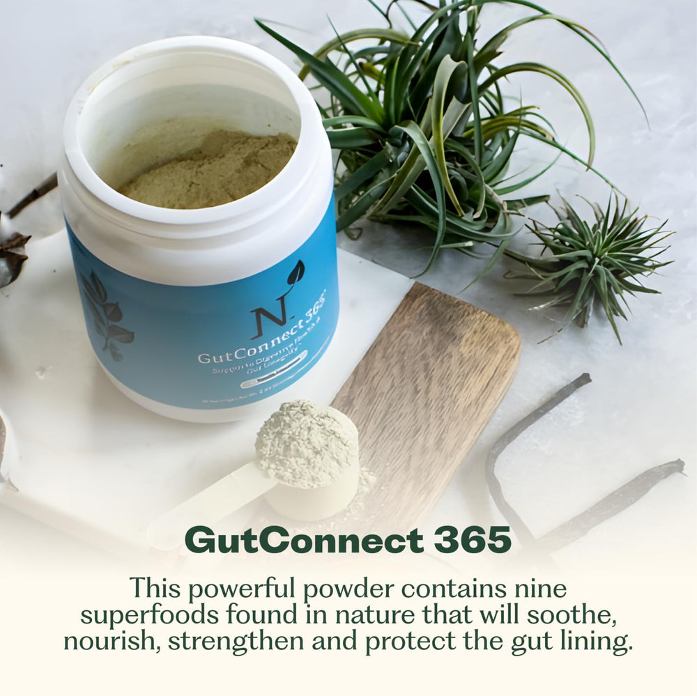 Close-up of GutConnect 365 Vanilla Cinnamon label