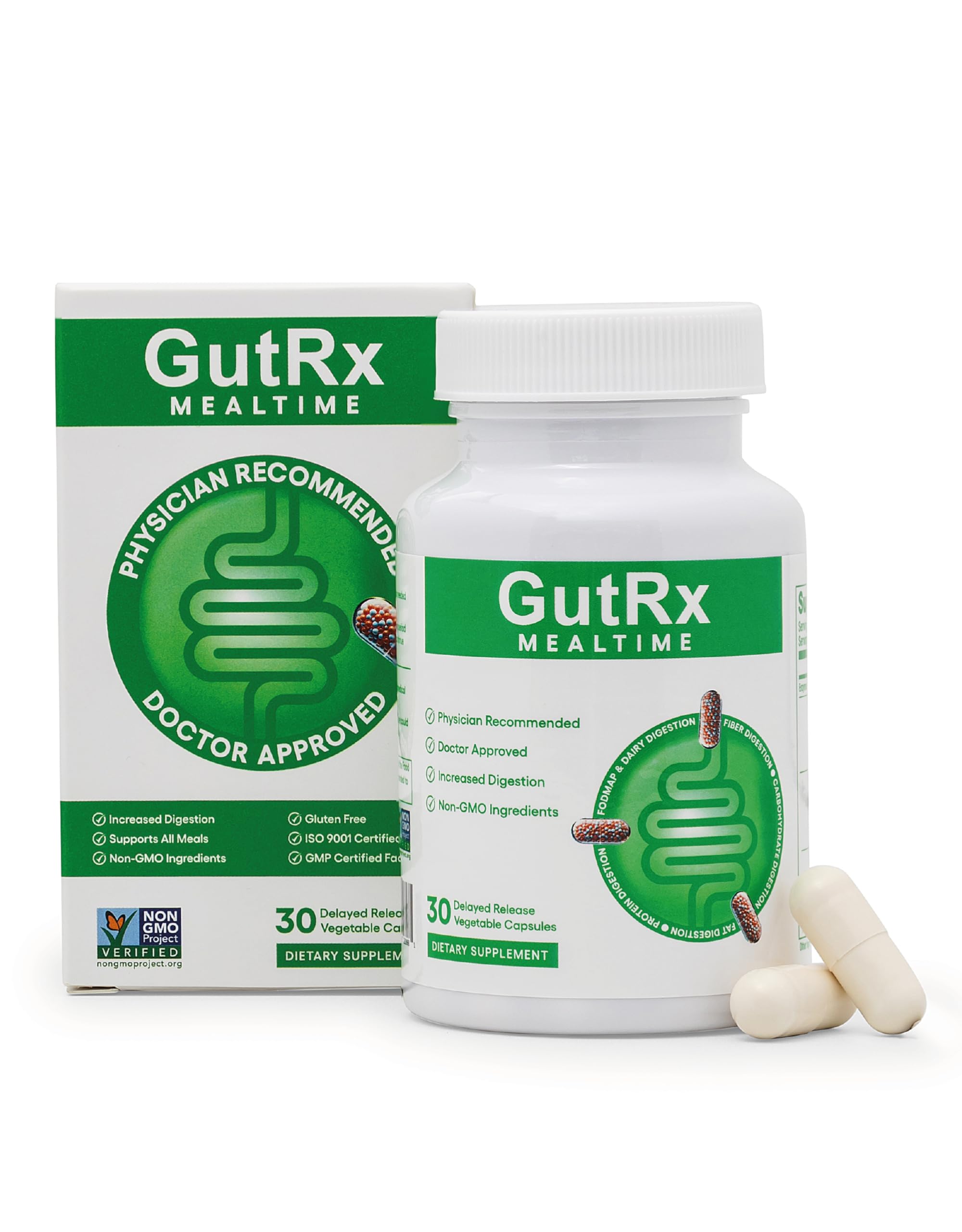 GutRx Mealtime Digestive Enzymes bottle label featuring vegan, non-GMO, and gluten-free claims
