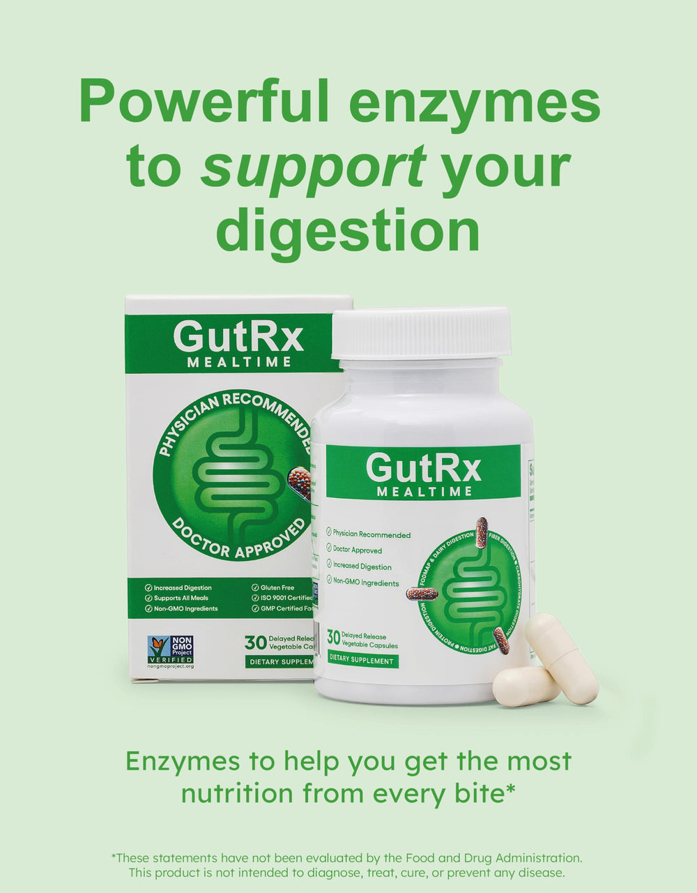 Capsules of GutRx Mealtime on a white background